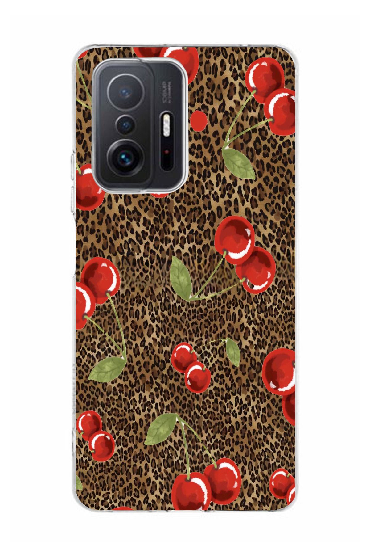 moonset Xiaomi Mi 11T / Mi 11T Pro Uyumlu Leopar ve Kiraz Tasarımlı Baskılı Şeffaf Telefon Kılıfı