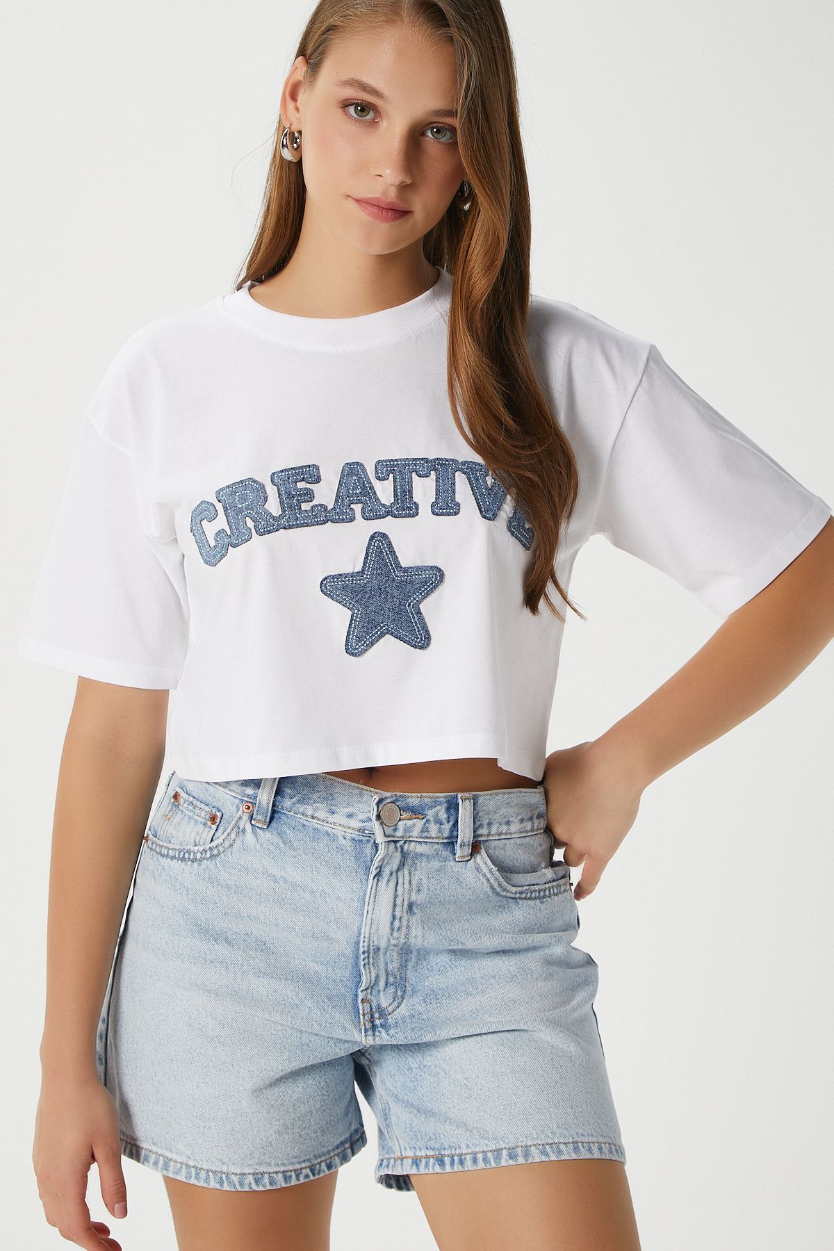 Ritnice-Tricou Crop Creativ Albastru Alb Brodat de damă 4