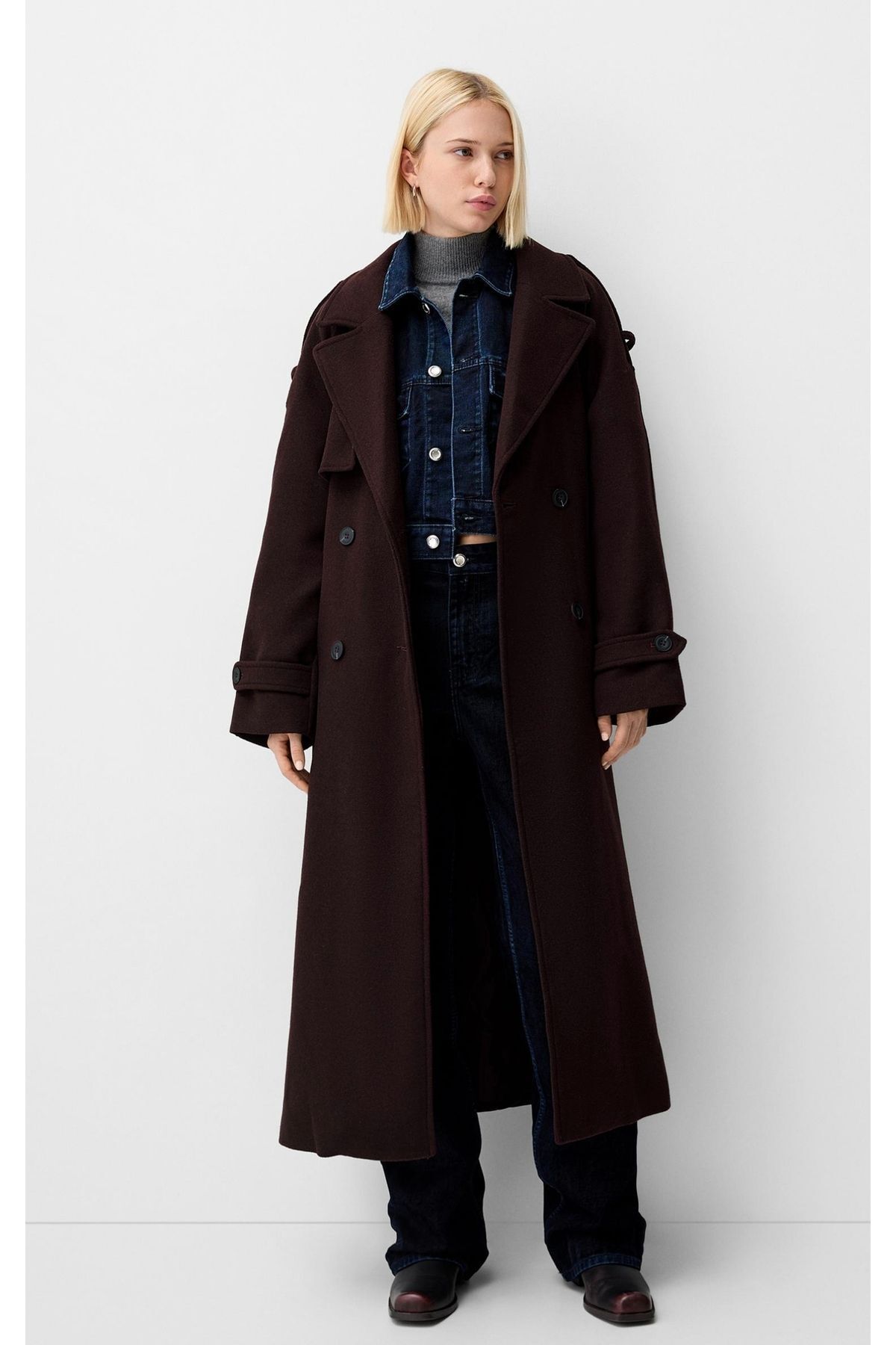 Butik Allbucks Bersh ka Bordo Oversize Yün Içerikli Kaşe Trençkot Kaban Abbrs1009