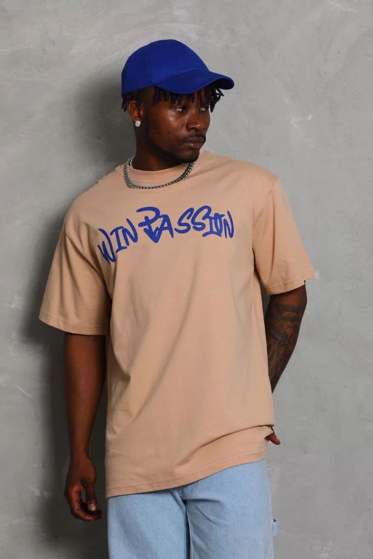 FantaziAtölyesi Unisex Oversize Baskılı Bisiklet Yaka T-Shirt - Bej