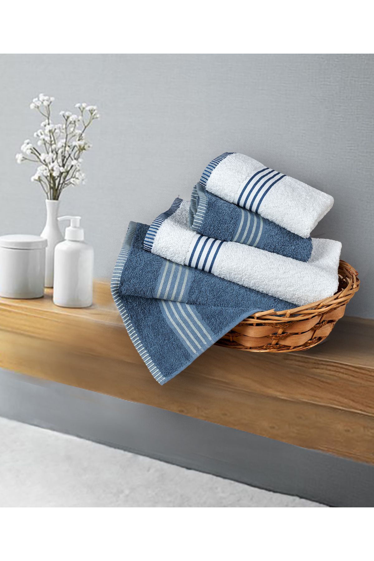 UPSTYLE Banyo Havlu Takımı Oscar Mavi-Krem 50x85cm(2Ad.) + 70x140cm (2Ad.)