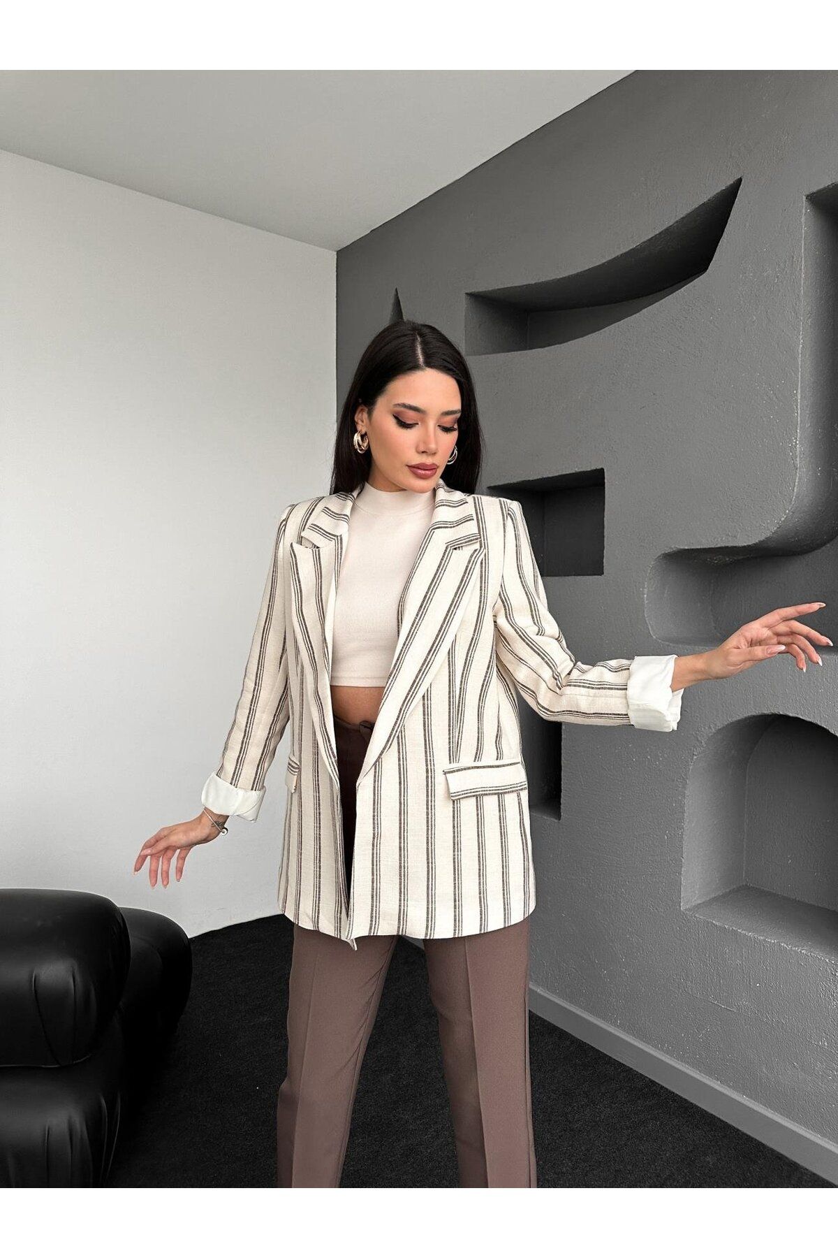 Lady Pixie Çizgili Keten Ceket