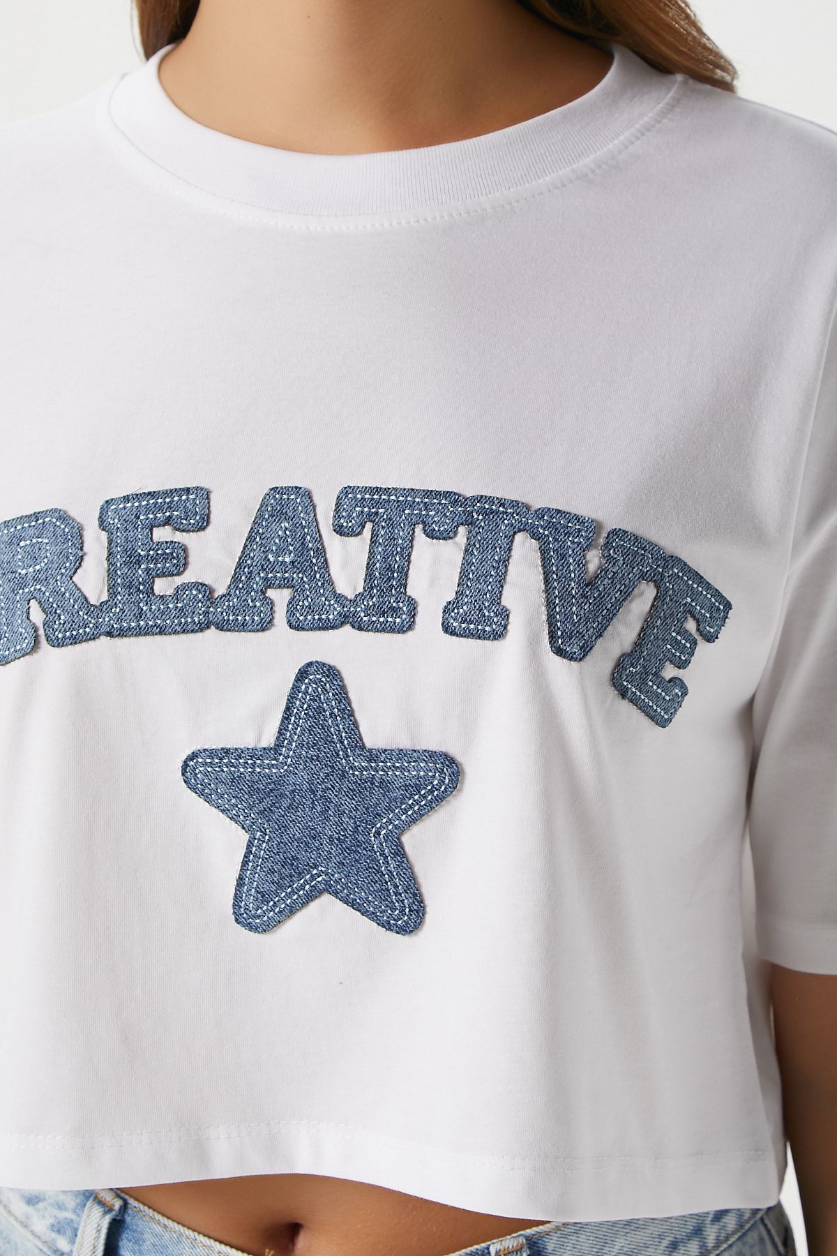 Ritnice-Tricou Crop Creativ Albastru Alb Brodat de damă 5