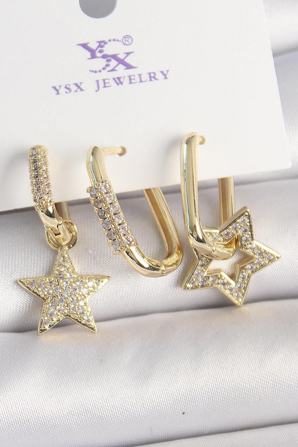 FASHIONLINE Pirinç Gold Renk Sallantı Zirkon Taşlı Yıldız Model 3'Lü Kadın Kombin Küpe