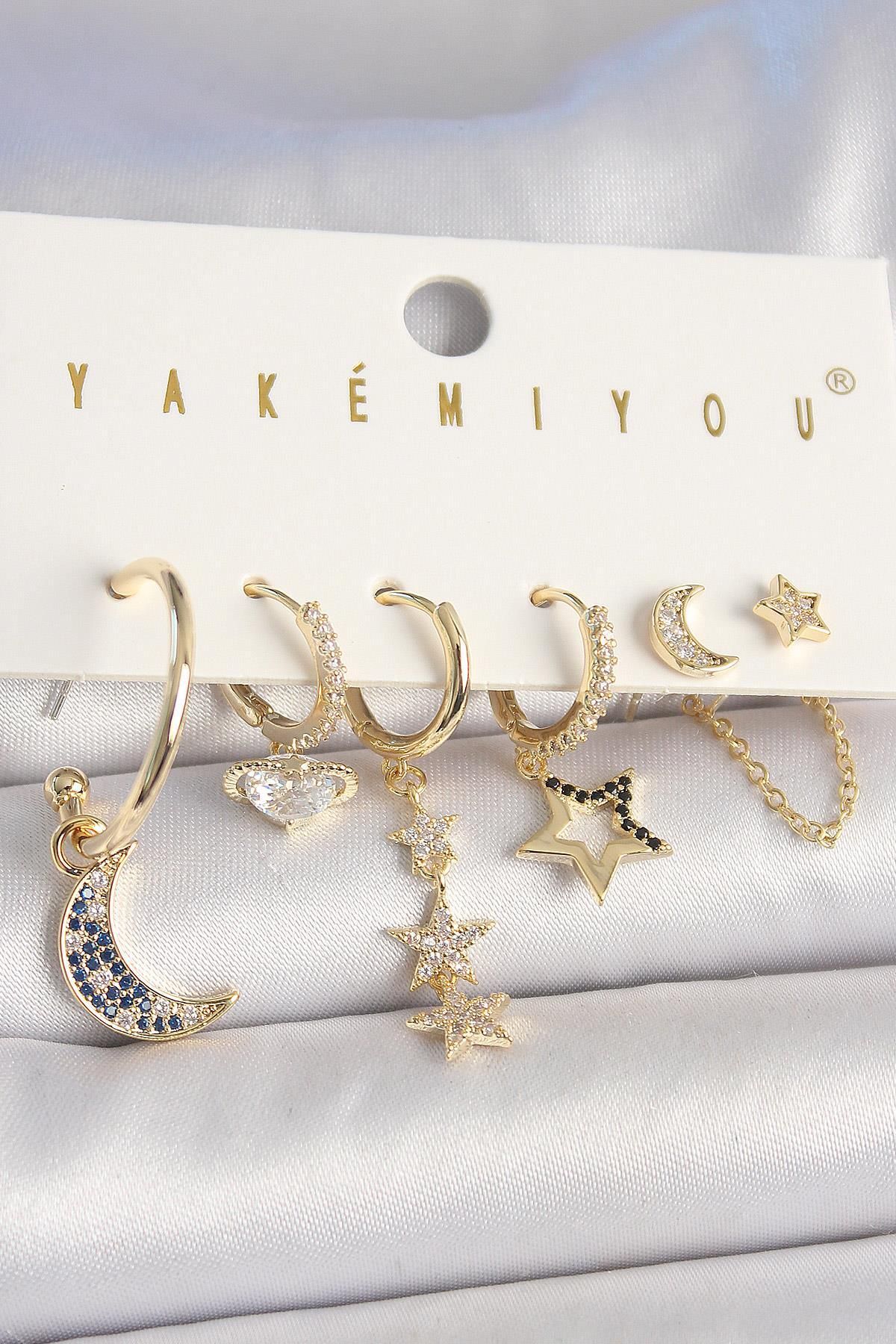 FASHIONLINE Pirinç Gold Renk Zirkon Taşlı Yıldız Model Hilal Detay 6'Lı Kadın Kombin Küpe