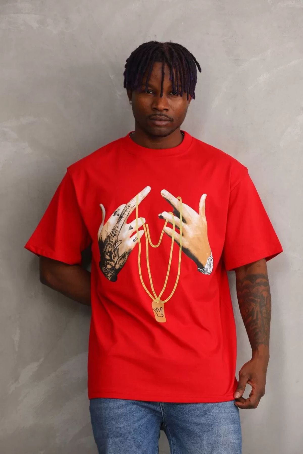 FantaziAtölyesi Unisex Baskılı Oversize T-Shirt - Kırmızı