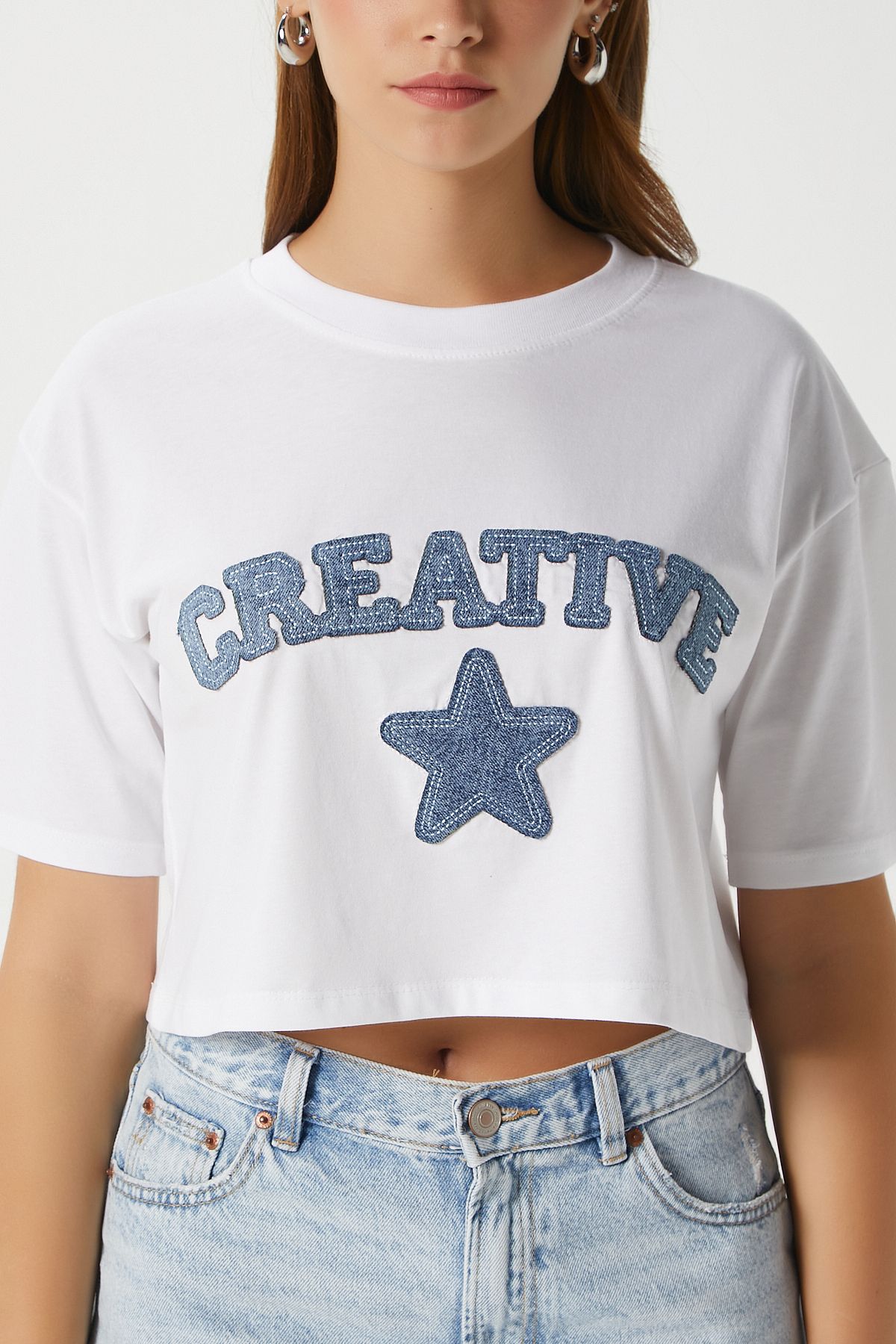 Ritnice-Tricou Crop Creativ Albastru Alb Brodat de damă 3