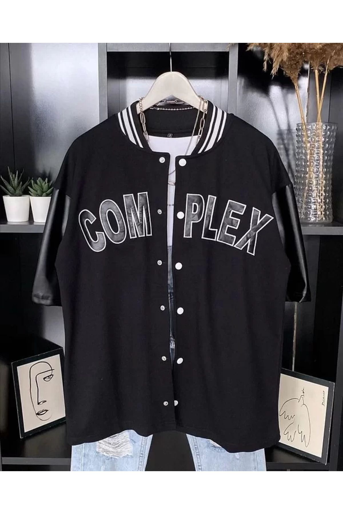 FantaziAtölyesi Erkek Complex Kolları Deri Kolej Oversize T-shirt - Siyah