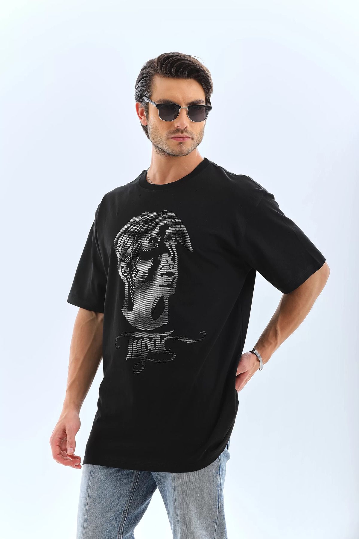 FantaziAtölyesi Unisex Oversize Taşlı Bisiklet Yaka T-Shirt - Siyah