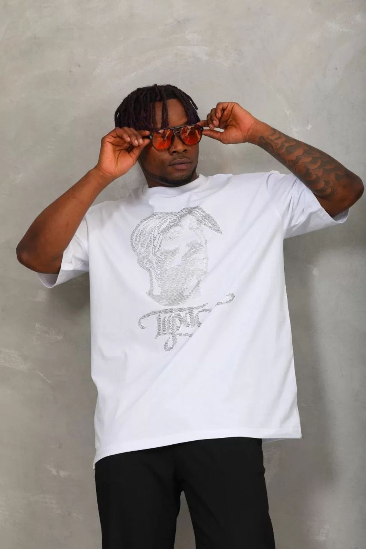 FantaziAtölyesi Unisex Oversize Taşlı Bisiklet Yaka T-Shirt - Beyaz