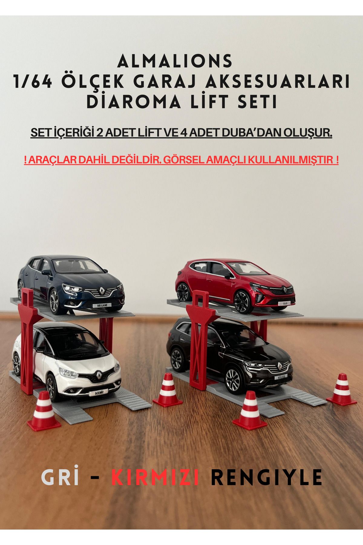 almalions 1/64 Ölçek Diaroma Araç Lifti 2 Adet + 4 Adet Duba Garaj Aksesuarları Gri - Kırmızı
