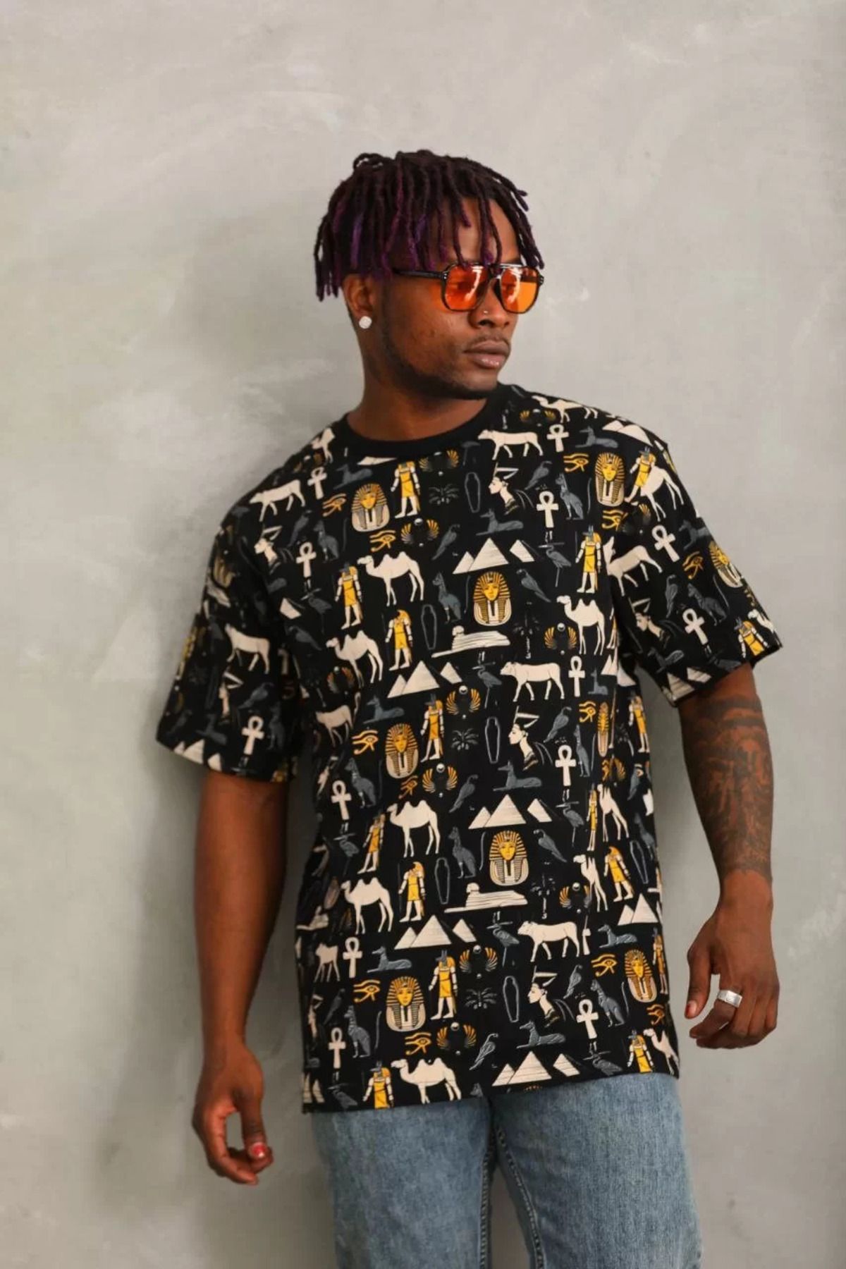 FantaziAtölyesi Unisex Oversize Baskılı Bisiklet Yaka T-Shirt - Siyah