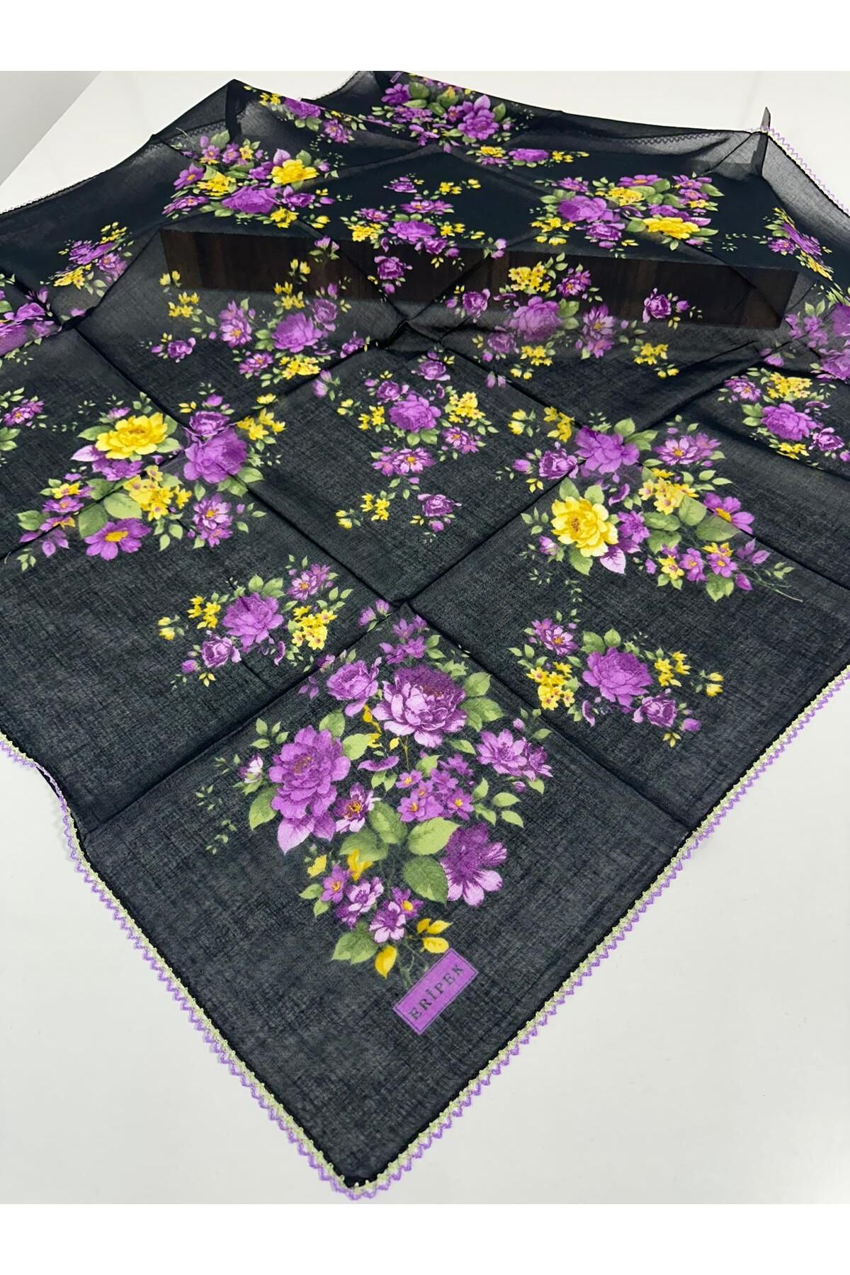 Eripek Oyalı Pamuk Tülbent- 05098 95 X 95 Siyah - Mor 24