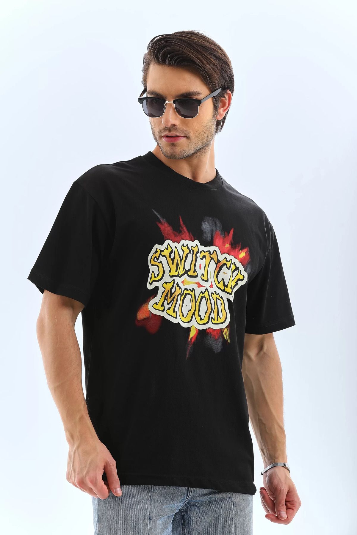 FantaziAtölyesi Unisex Oversize Baskılı Bisiklet Yaka T-Shirt - Siyah