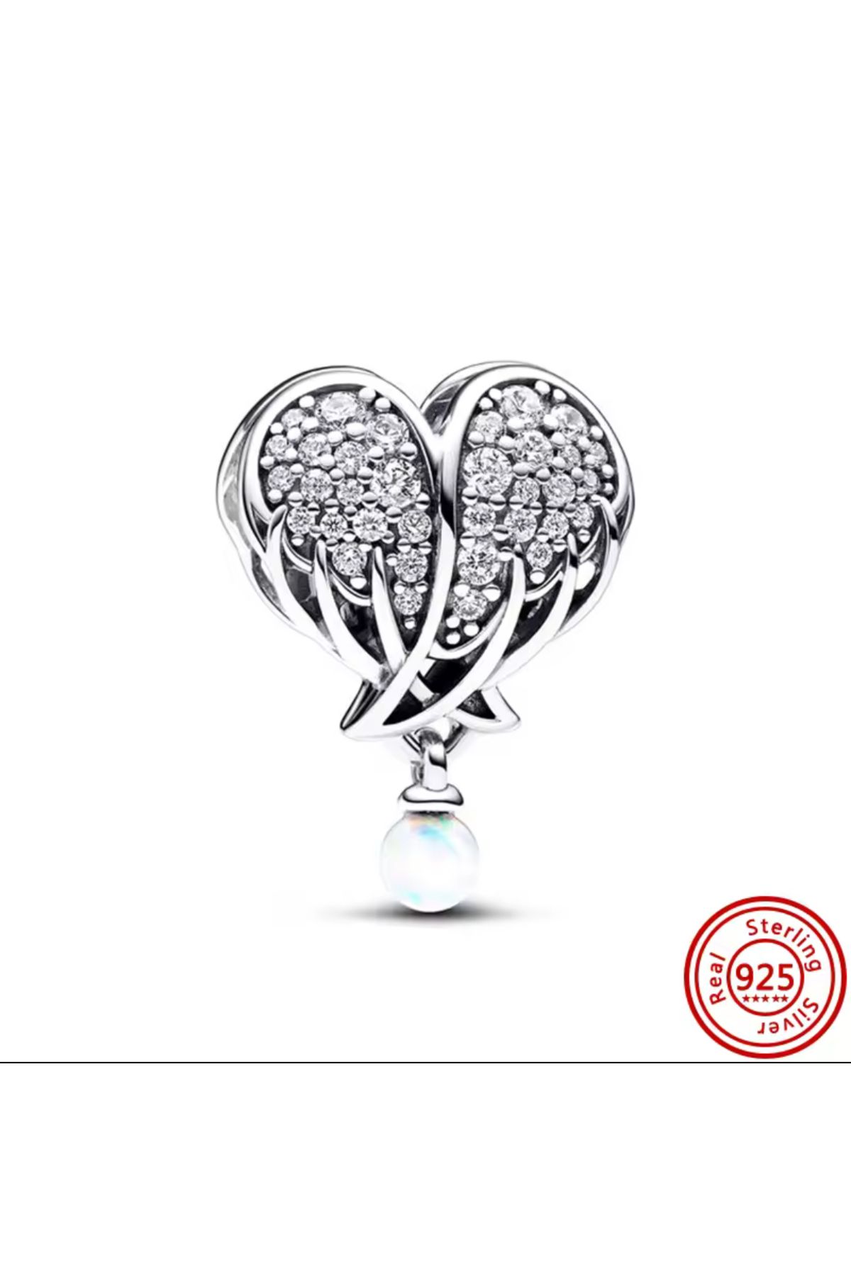 Hector&Co. Jewellery Gümüş Işıltılı Melek Kanatlı İncili Kalp Charm