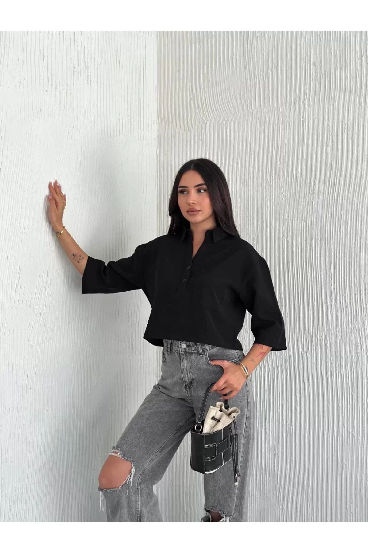 FantaziAtölyesi Kadın Crop Yakalı Gömlek Üç Çeyrek Sleeve Kol - Siyah