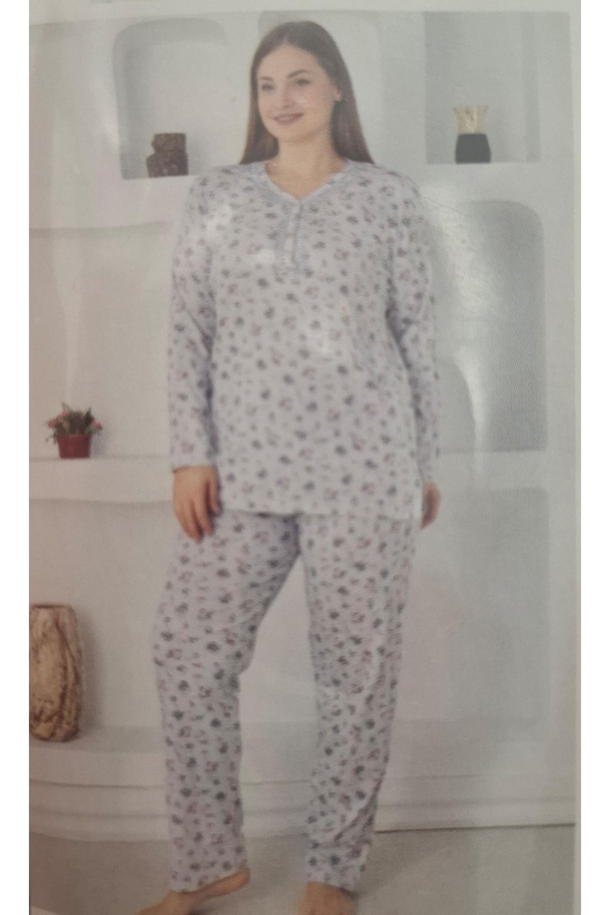 ALİMER Çiçek Desenli Battal Bedenı Dantel Yakalı Uzun Kollu Penye Pijama Takımı