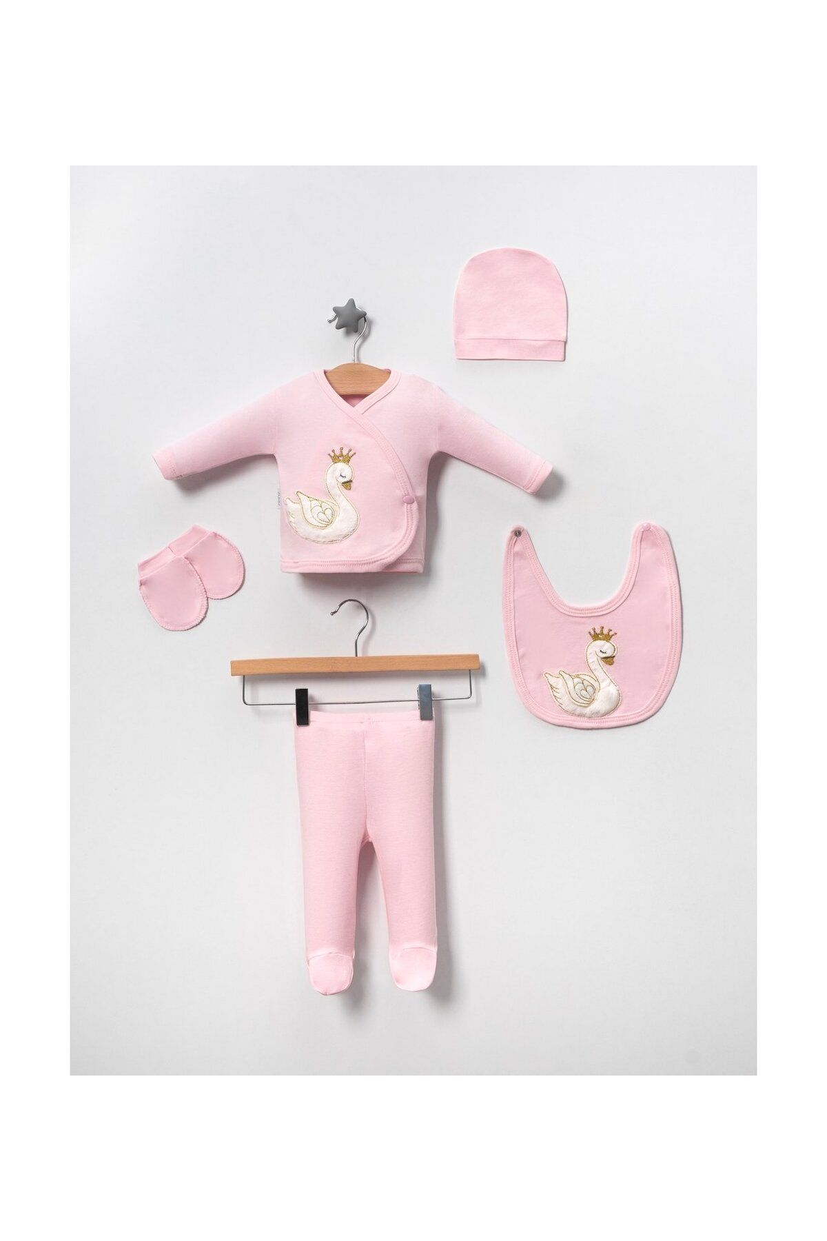 AyCaTa Kız Bebek Kuğu Desenli Pembe 5li Hastane Çıkışı