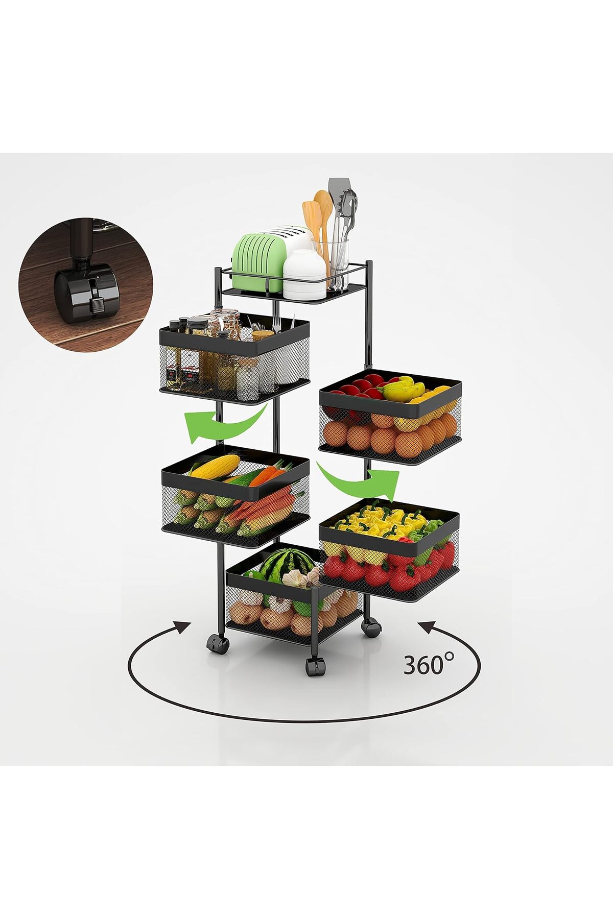 سلة تخزين مكون من 5 طبقات بتصميم مربع دوار قابل للنقل مع عجلات لتخزين الفواكه والخضراوات في المطبخ