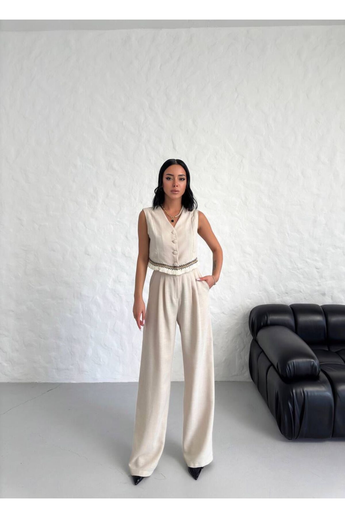 Nisa Luxury Boutique Kadın V Yaka Etnik Püskül Tasarım Yazlık Yelekli Takım
