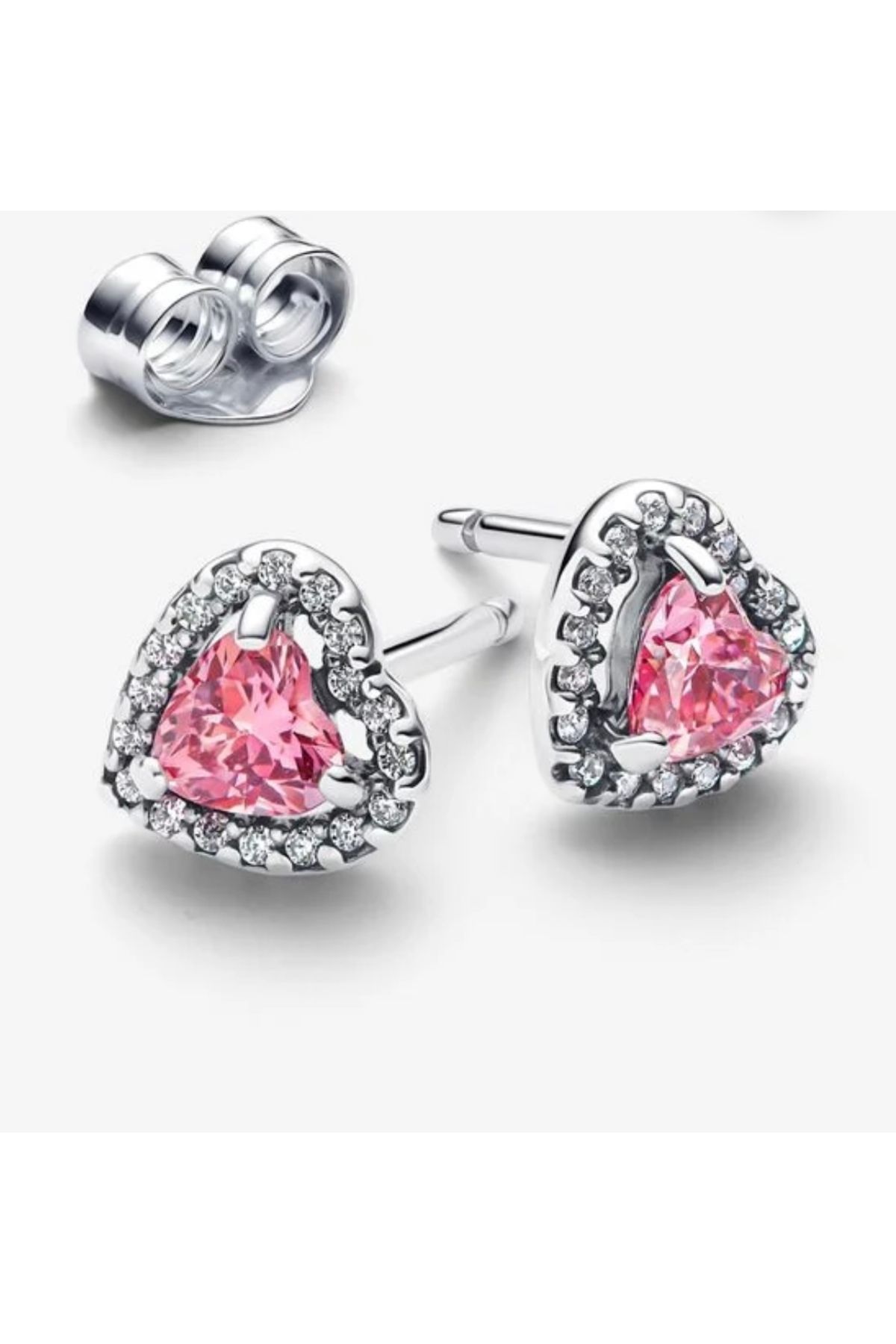 POSEİDONS JEWELLERY Poseidons Jewellery Yükseltilmiş Pembe Kalp Zirkon Taşlı 925 Ayar Çivi Küpe