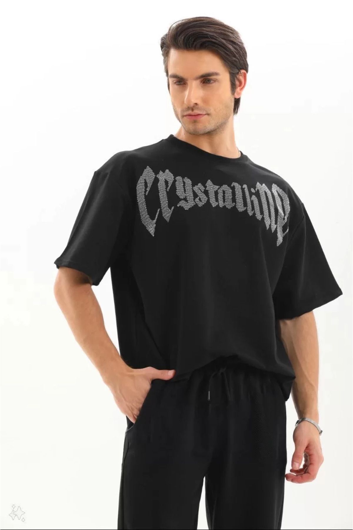 FantaziAtölyesi Unisex Oversize Taşlı T-Shirt - Siyah