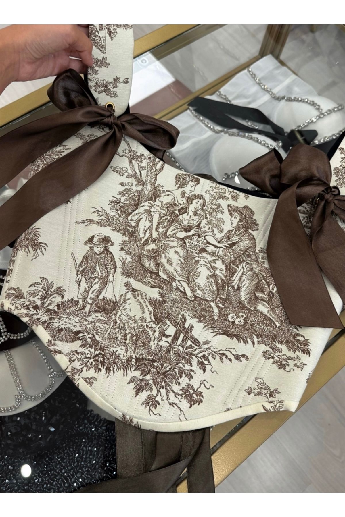 SARA Clothessy Tasarım Vintage Fransız Kahverengi Desenli Korse