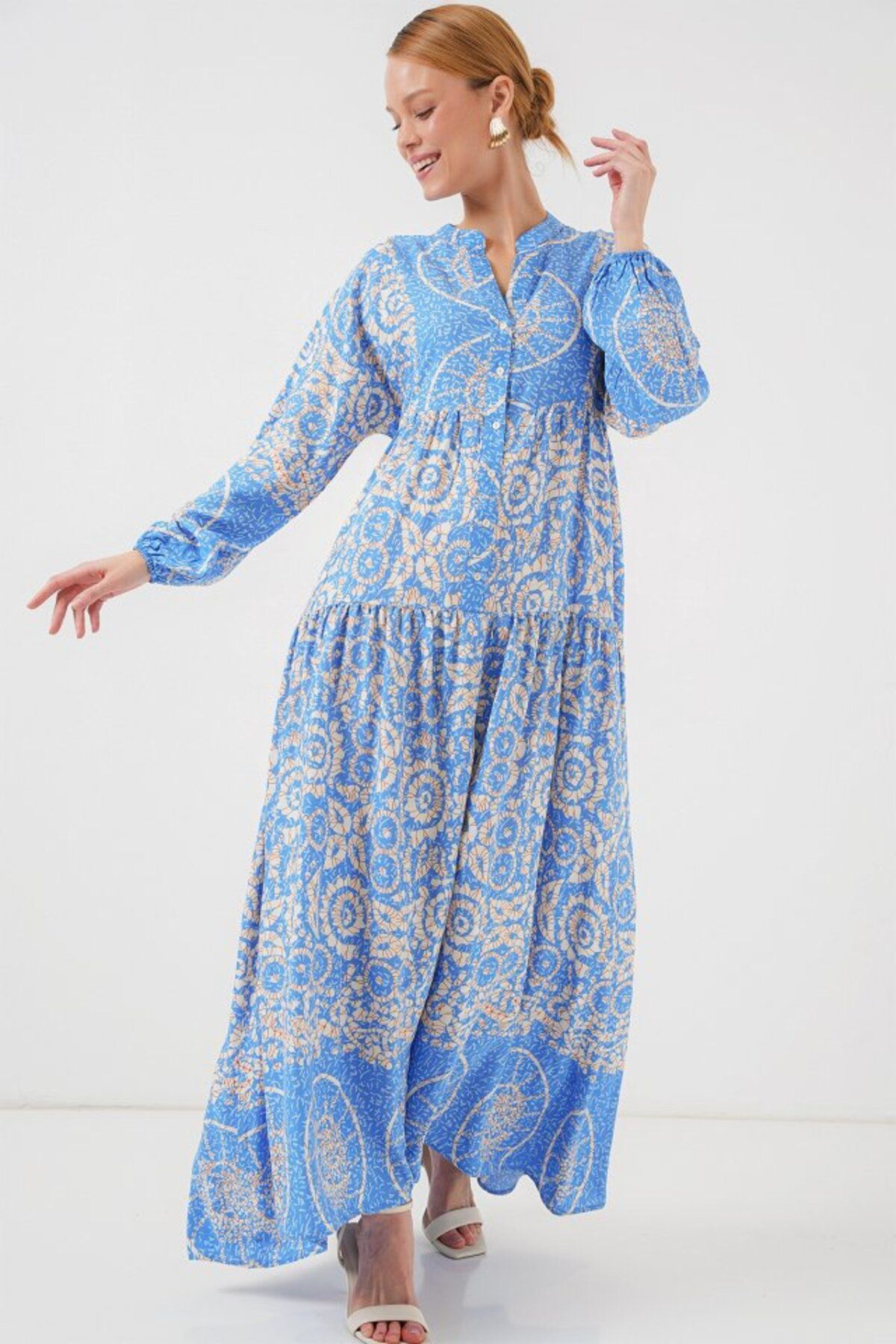 1001moda 2423 Otantik Desenli Tesettür Elbise - S. Mavi