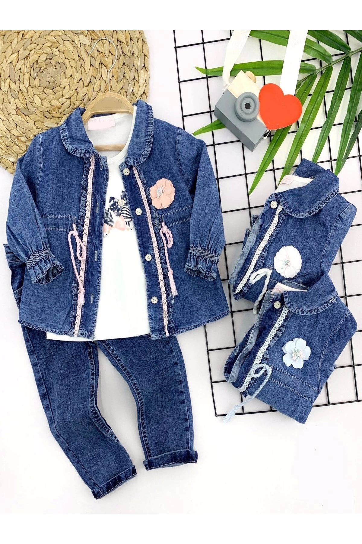 Diji Baby 2-3-4-5 Yaş Düğme Kapamalı Kot Ceket 3lü Kız Çocuk Takımı