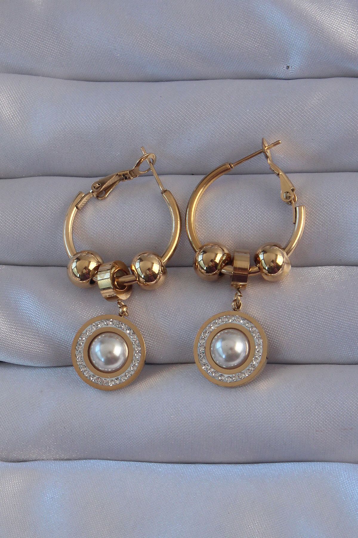 Skygo 316L Çelik Gold Renk Zirkon ve İnci Taşlı Cartier Model Halka Küpe - TJ-BKP9149