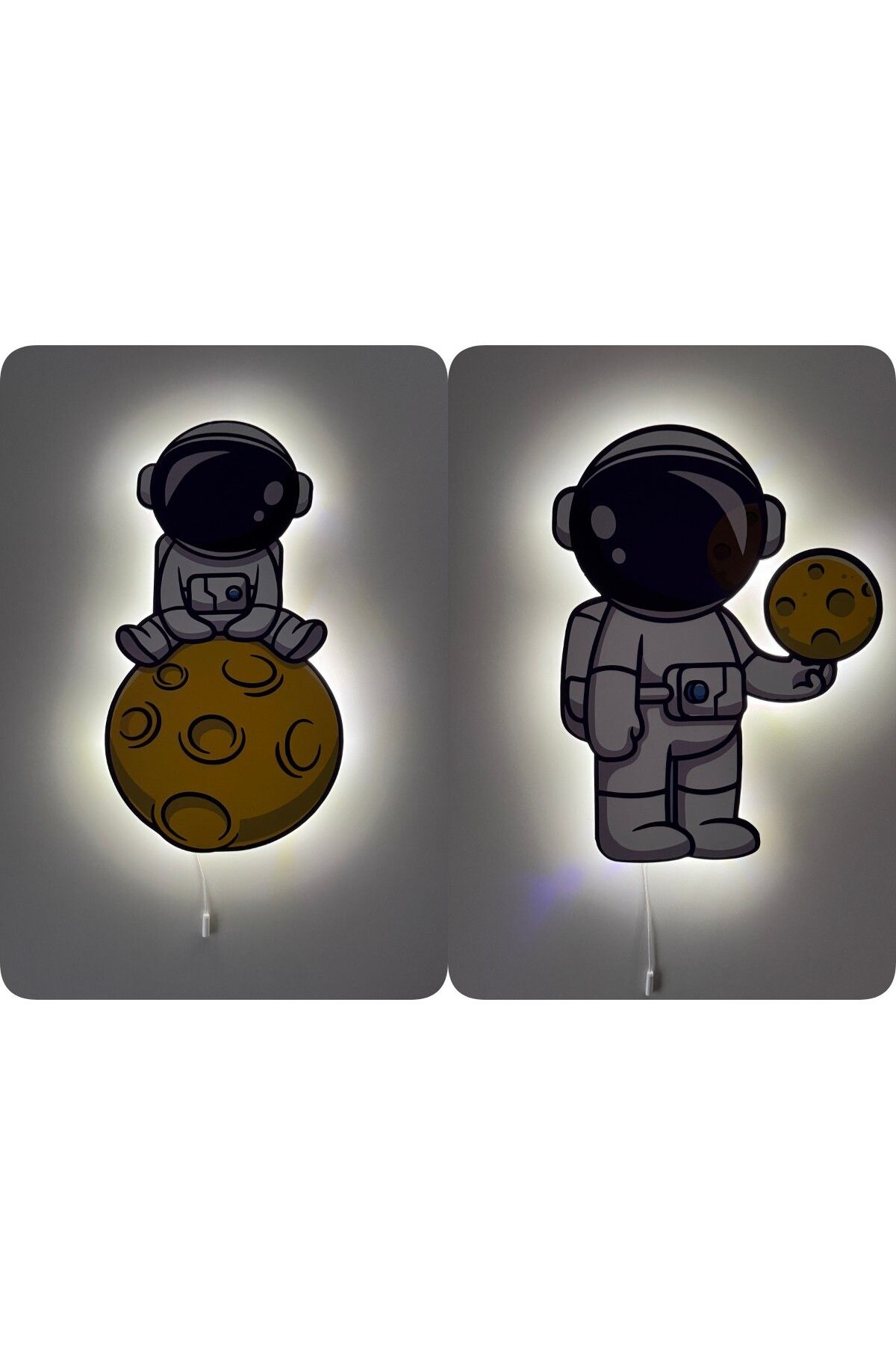 UViolets Dekoratif Ahşap Baskılı Ayda Oturan Ve Ayakta Ay Tutan Astronot Çocuk Odası Gece Lambası (2'Lİ ÜRÜN)