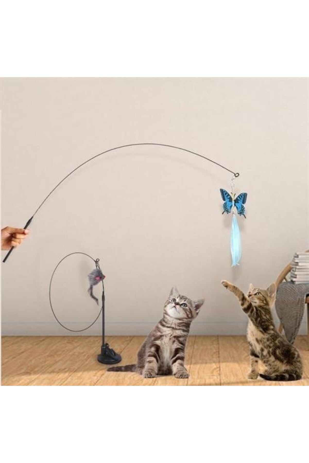 KfksStore Vantuzlu Tüylü Zilli Olta Kedi Oyuncağı 2 Oltalı