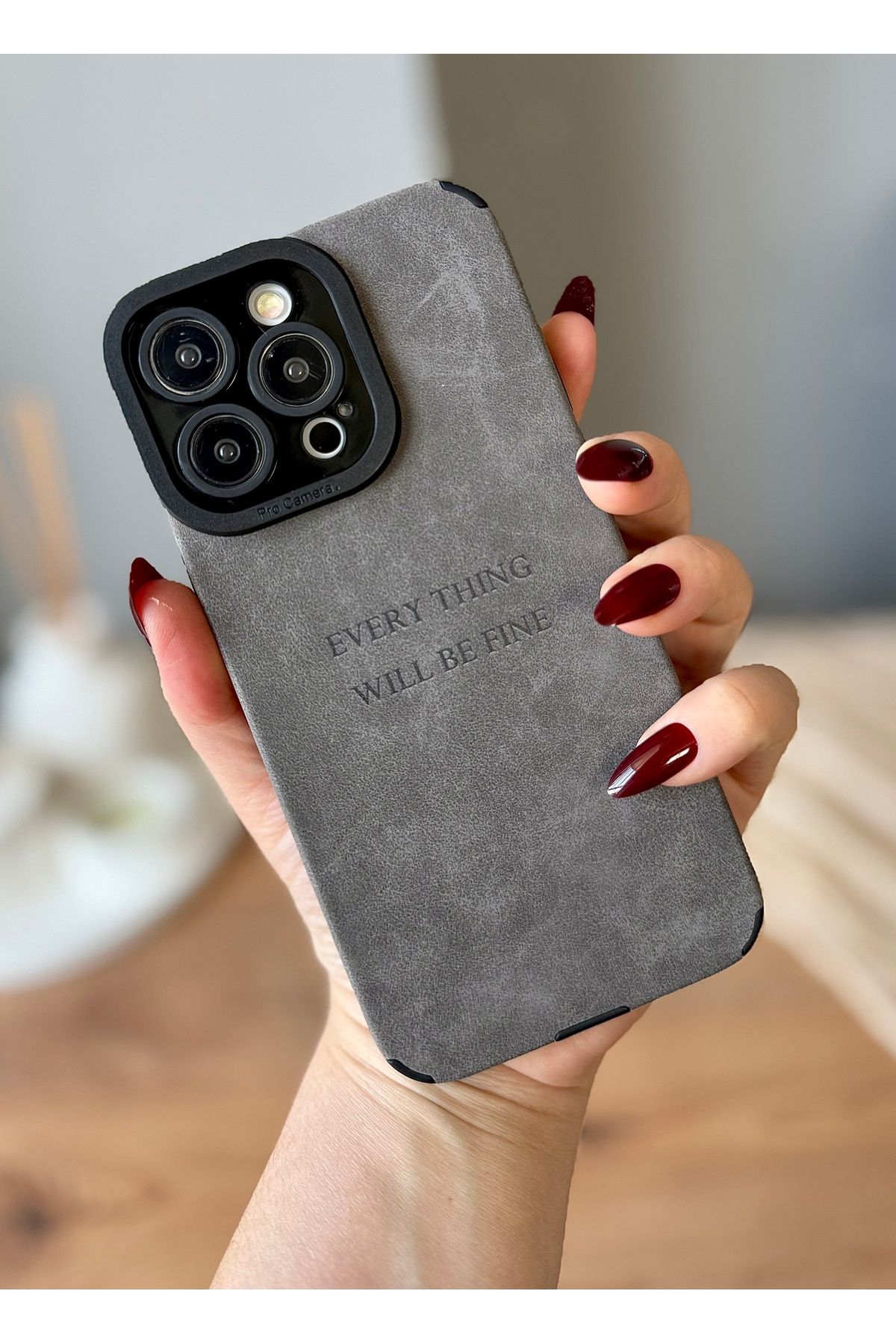MirazTasarim IPHONE 14 PROMAX DERİ DOKULU GRİ/SİYAH YAZI DETAYLI KILIF