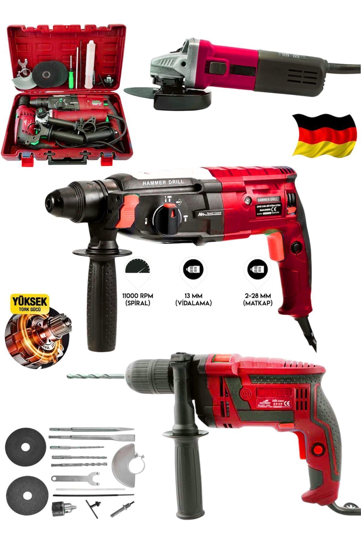 teknotrust Profesyonel 3700F 3'Lü Set 2-28 Hilti Matkap + 13 MM Darbeli Matkap Vidalama + 115 mm Taşlama Spira