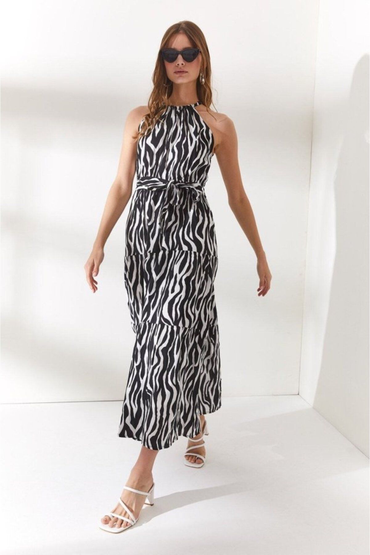 fh fashionhere Halter Yaka Kuşaklı Dokuma Viscon Elbise