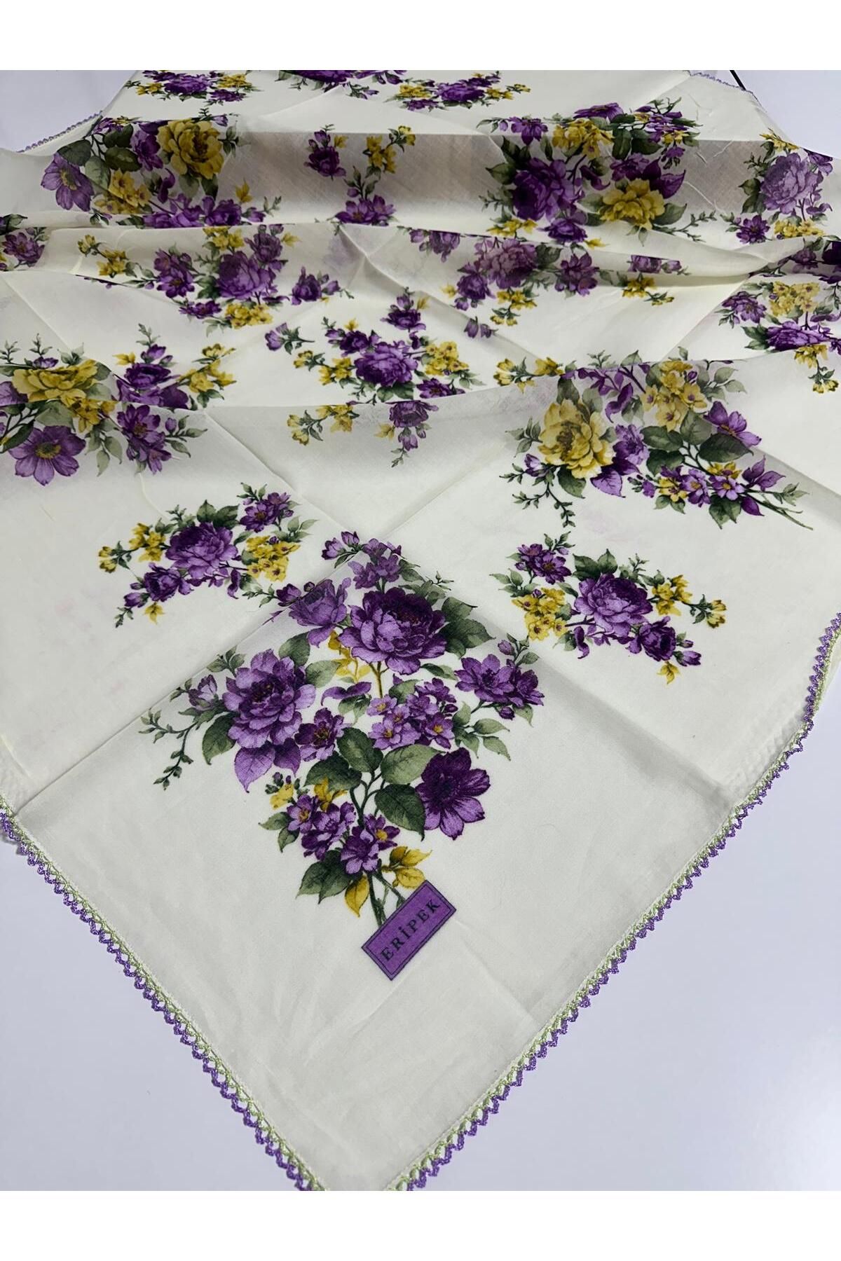 Eripek Oyalı Pamuk Tülbent- 05096 95 X 95 Krem - Lila 8