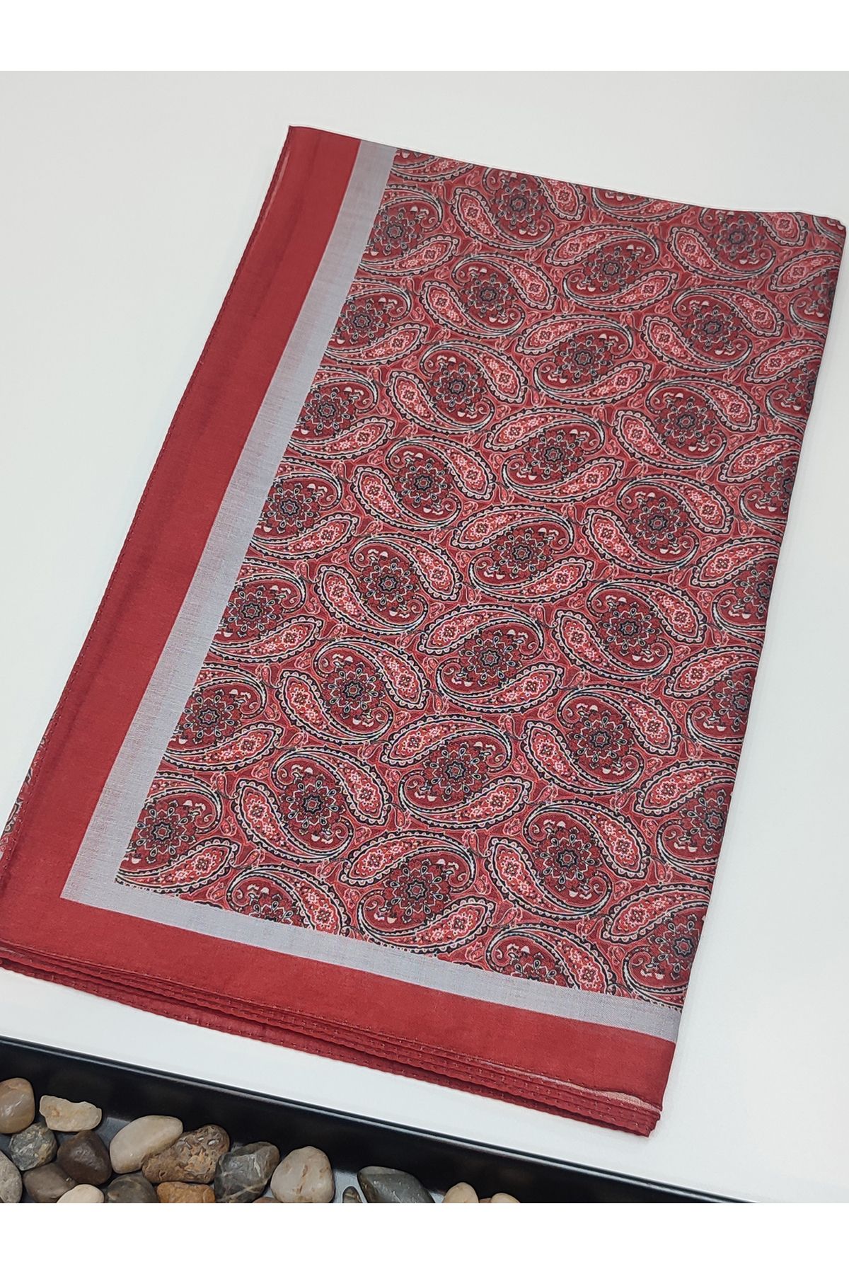 İpekel Koyu-Kırmızı Etnik Desenli Daily Pamuk Vual Soft Şal