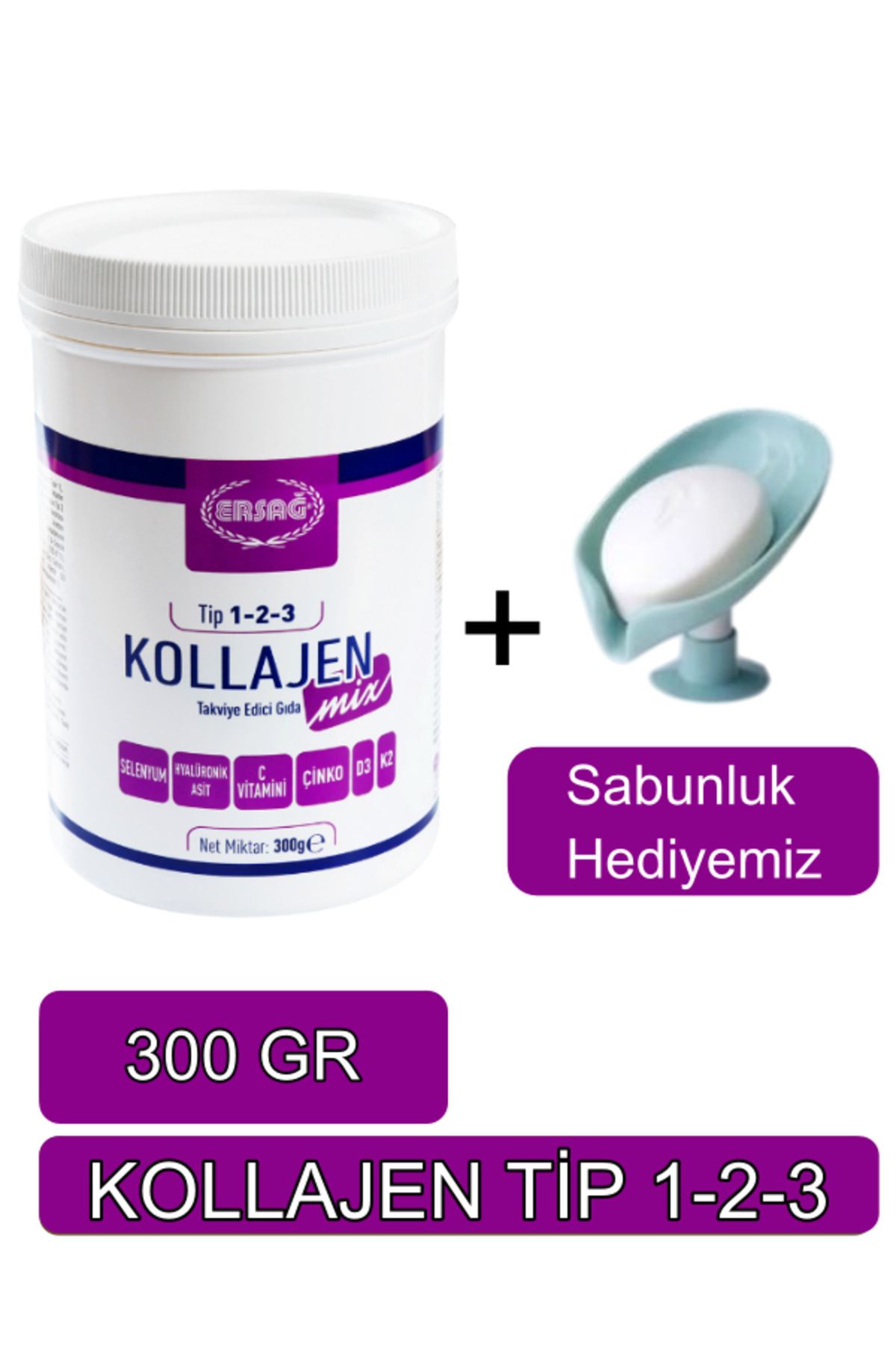 Ersağ Kollajen Mix (tip 1-2-3) 300 Gr Orijinal Helal Organik - Sabunluk Hediyemiz 2066-08
