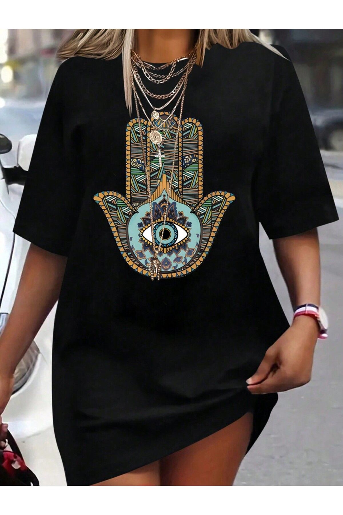 cc collection Siyah Göz El Baskılı Kadın Oversize T-Shirt