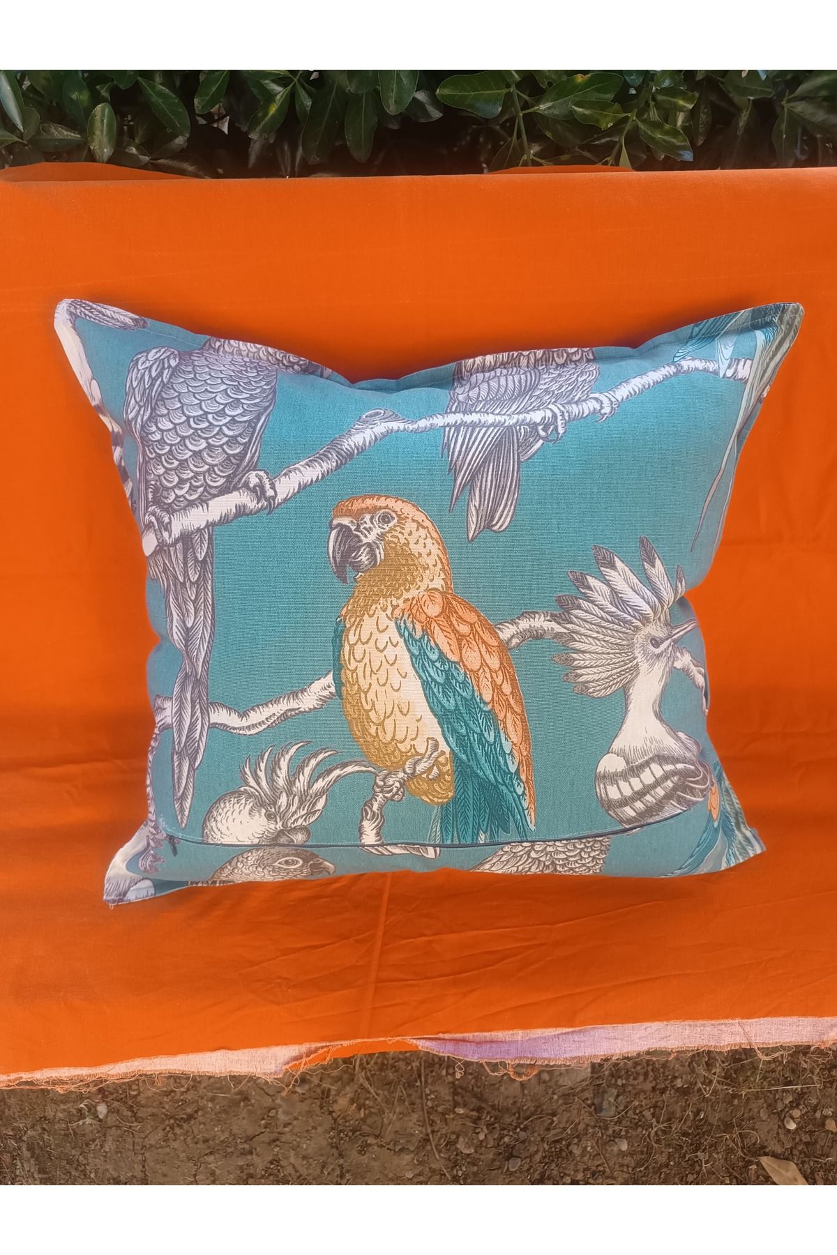 Store Kuş Desenli Keten Kırlent Kılıfı