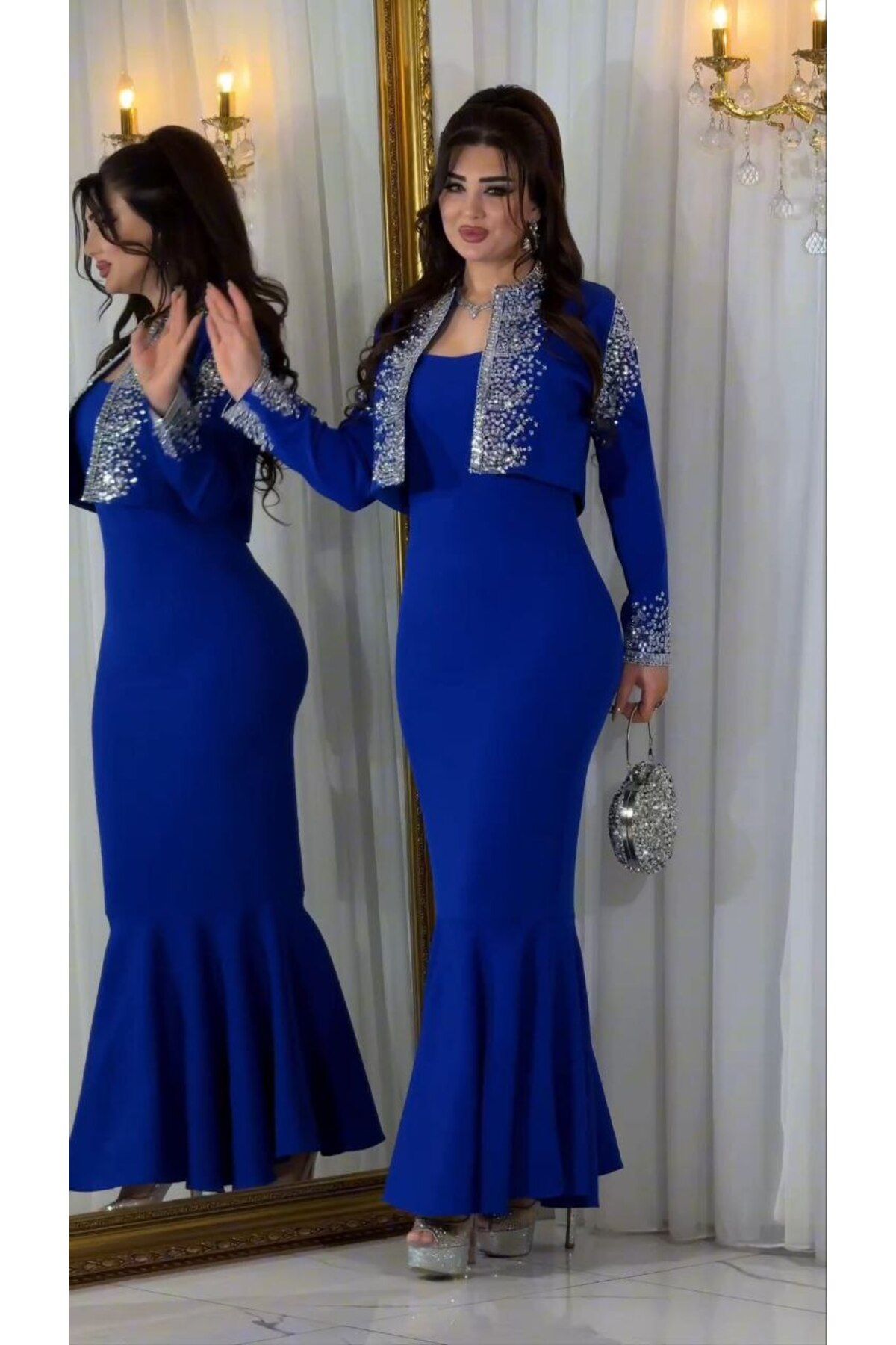 ZENABİYEM Zena Fashion Taş Baskı Detaylı Ceketli Kalem Abiye Elbise