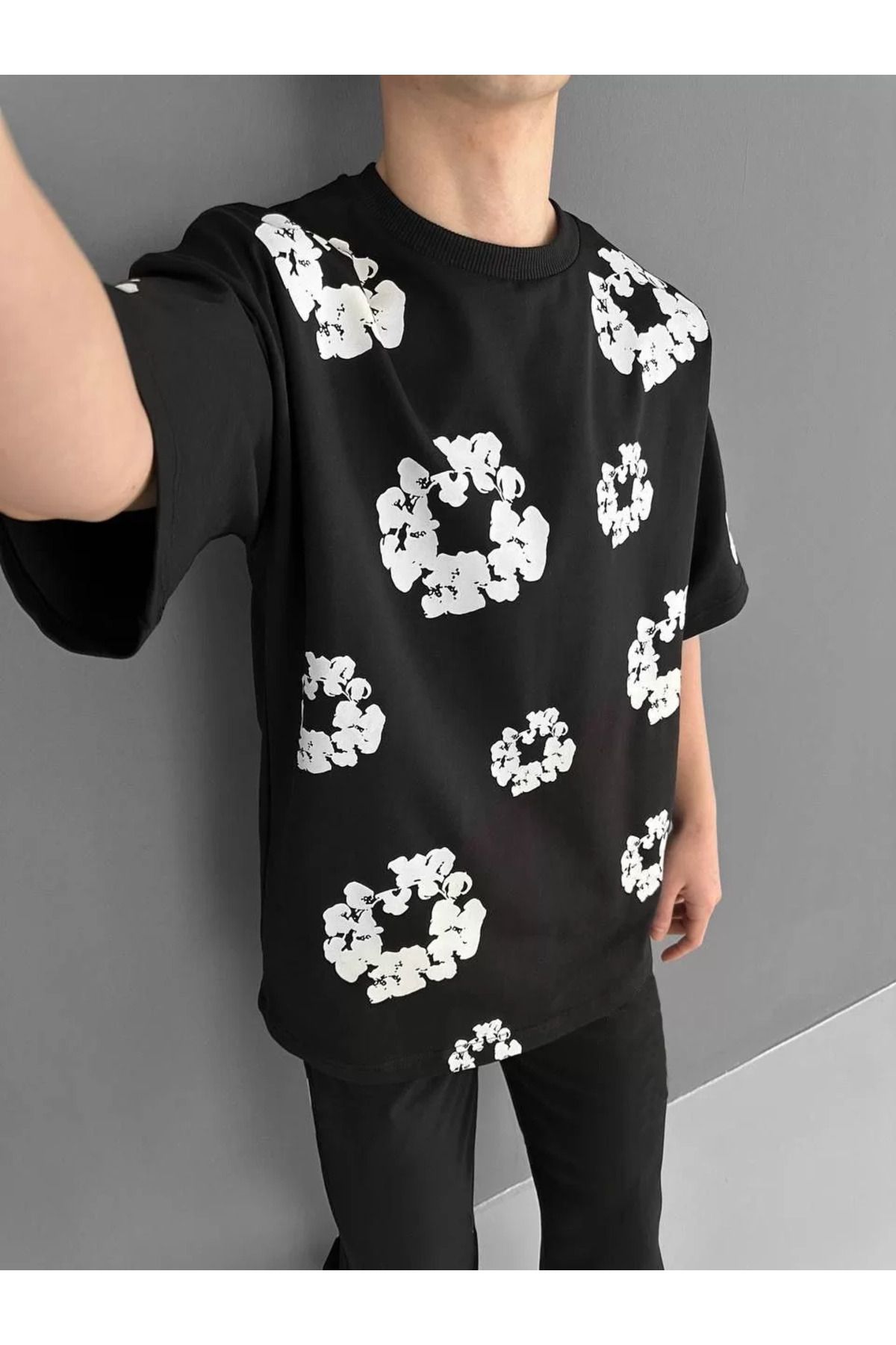 FantaziAtölyesi Ön ve Arka Baskılı Oversize Bisiklet Yaka T-shirt- Siyah