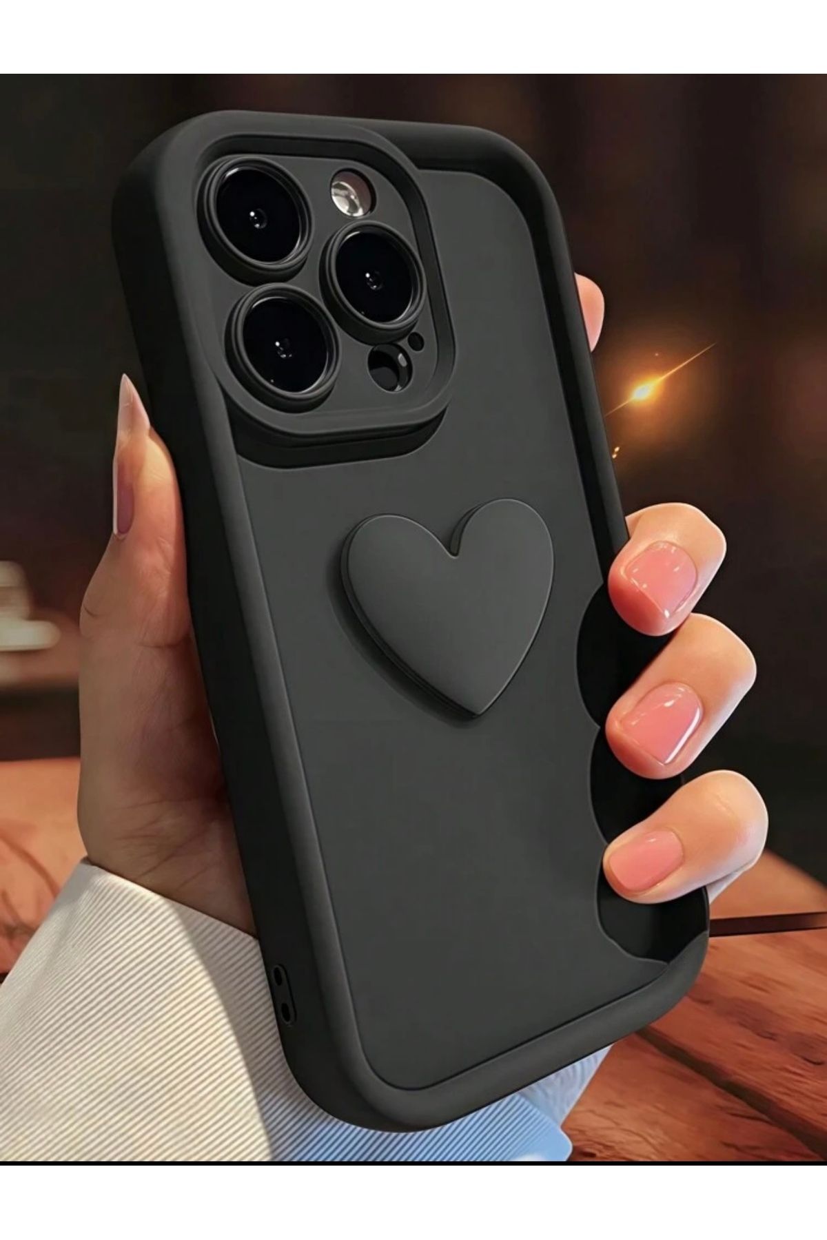 MirazTasarim IPHONE 14 PROMAX 3D KALP DEKORLU SİYAH KALIN KENARLI KILIF