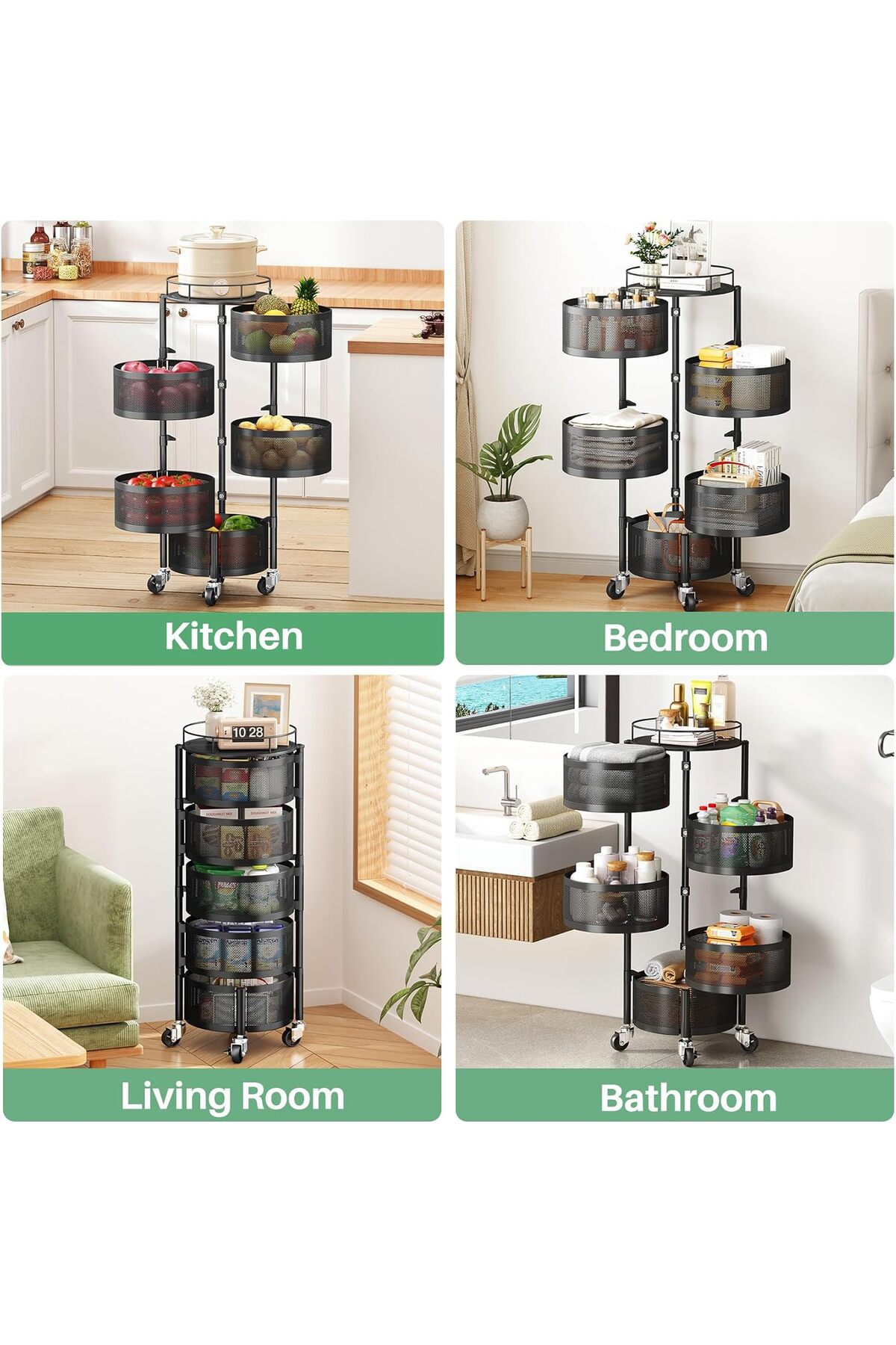 سلة تخزين بتصميم مستدير دوار مكون من 5 طبقات مع غطاء علوي تخزين للمطبخ قابل للنقل مع عجلات