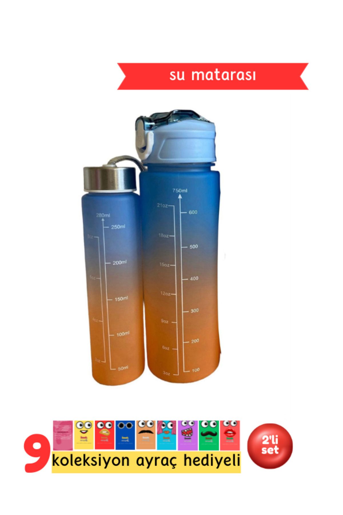 Pembe Pasaj Mavi Motivasyon Matara 750 ml / 250 ml Suluk - Su Şişesi - Sporcu Matara