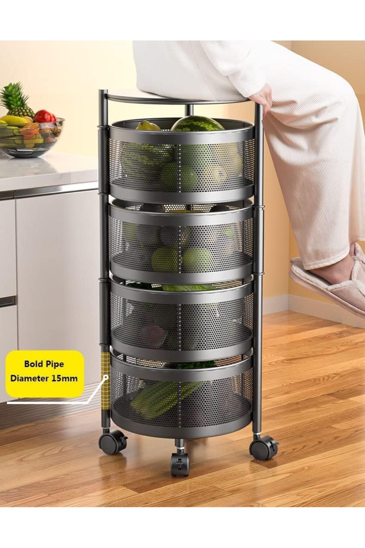 سلة تخزين بتصميم مستدير دوار مكون من 5 طبقات مع غطاء علوي تخزين للمطبخ قابل للنقل مع عجلات