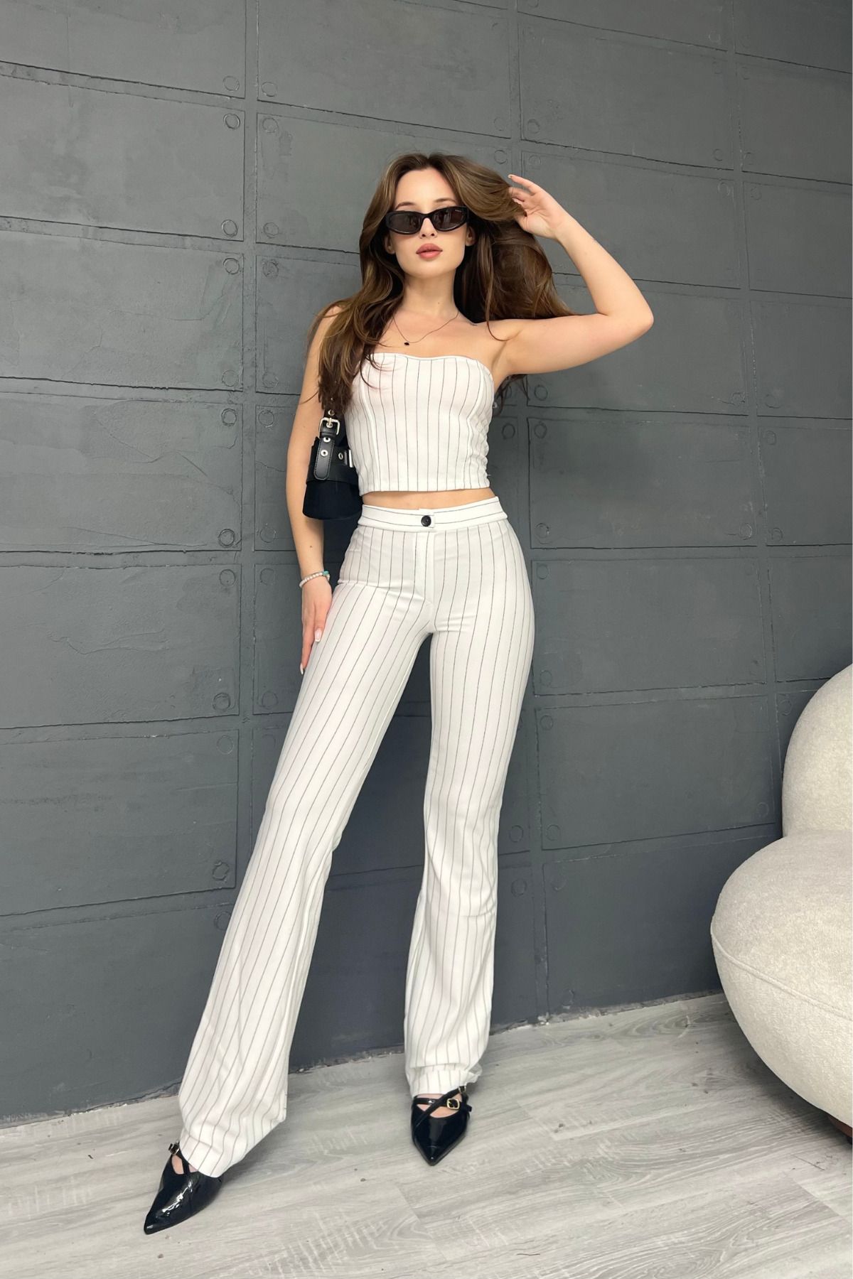 MOZENA Çizgili Straplez Crop Pantolon İkili Takım