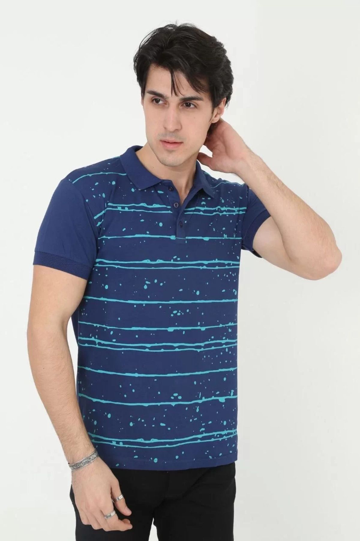FantaziAtölyesi Erkek Yakalı Slim Fit Pike Çizgili T-Shirt - Mavi