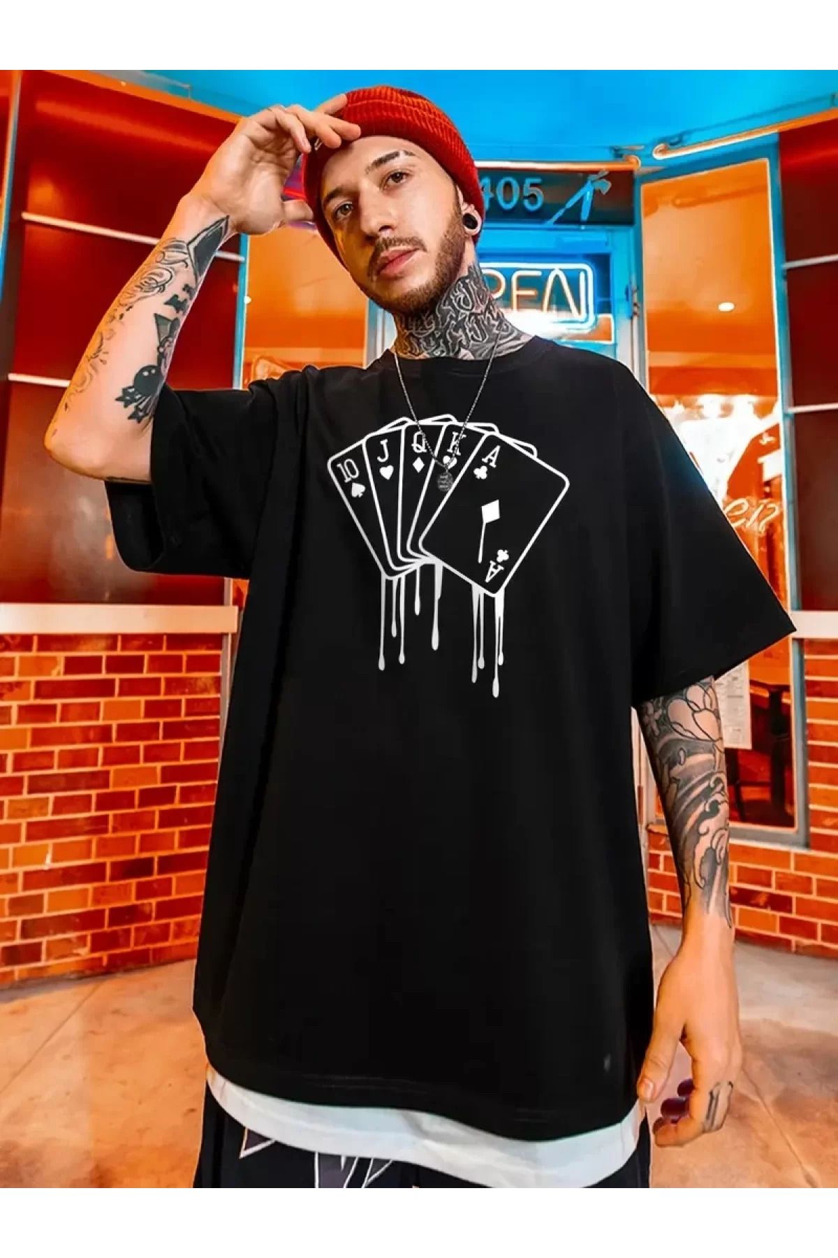 BBbutik İskambil Kart Baskılı Oversize Tişört