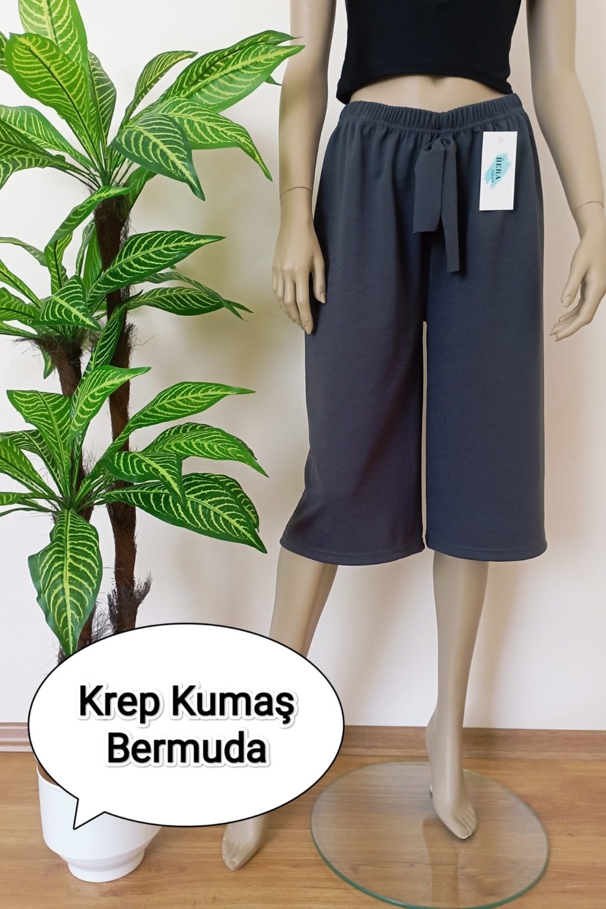 VİP BERA TEKSTİL Kadın Antrasit Krep Kumaş Dökümlü Geniş Paça Likralı Bermuda Alt